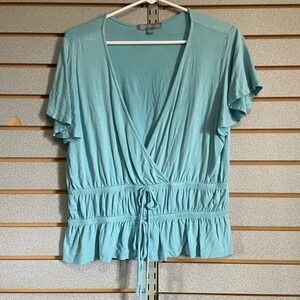 Good Luck Gem XL Aqua Blue Top Short Sleeve Ruffle Hem‎ V Neck Blouse juniors